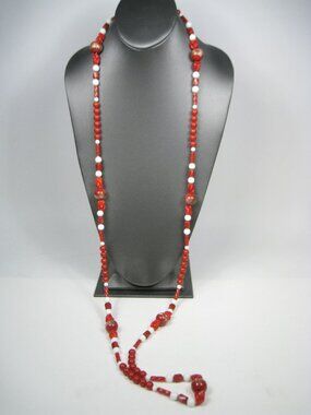 Vintage Long Necklace Plastic Lucite Red Beads Long 46 in Boho Gold tone Clasp